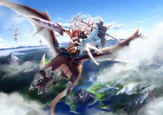 Картинка аниме оружие +техника +технологии облака горы небо драконы арт девушки полёт conone