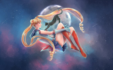 обоя аниме, sailor moon, звезды, кот, матроска, девушка, luna, usagi, bishoujo, senshi, sailor, moon, арт, луна