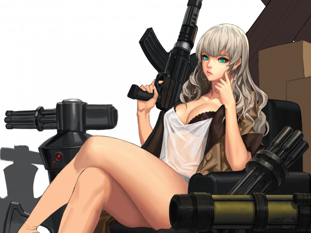 Обои картинки фото аниме, оружие,  техника,  технологии, пулемёт, девушка, арт, cherrylich