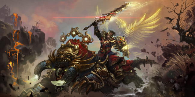 Обои картинки фото фэнтези, существа, ящер, меч, воин, арт, крылья, лава, монстр