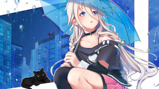 Обои картинки фото аниме, vocaloid, ночь, дождь, megumoke, зонт, коты, город, капли, ia, арт, девушка