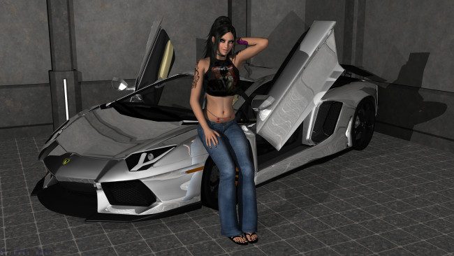 Обои картинки фото автомобили, 3d car&girl, автомобиль, взгляд, фон, девушка