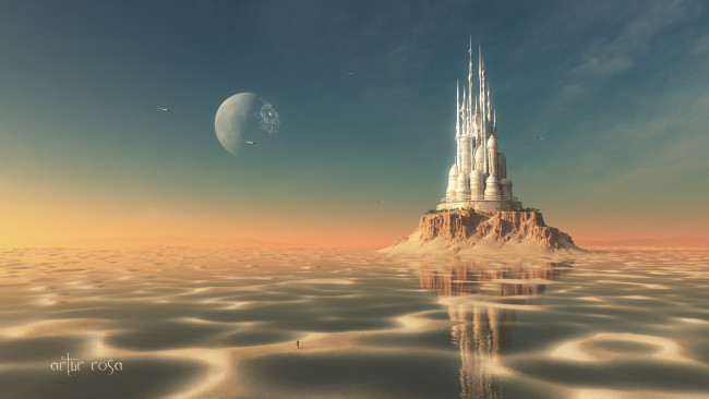 Обои картинки фото фэнтези, замки, планета, песок, вода, замок, отражение