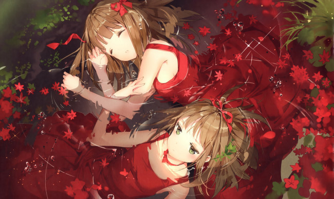 Обои картинки фото аниме, unknown,  другое, осень, листья, вода, спят, девочки, арт, anmi