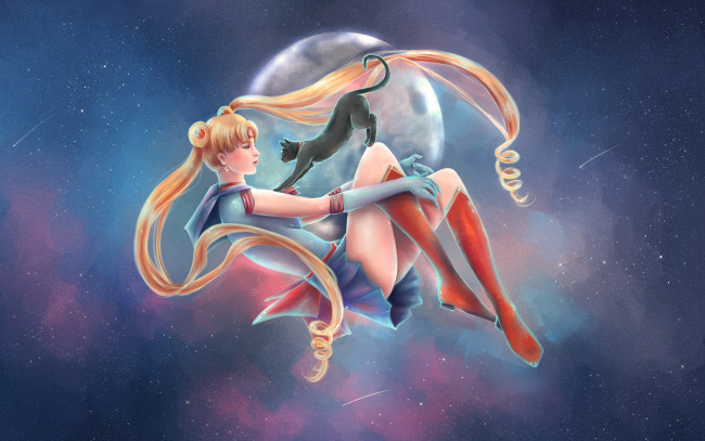 Обои картинки фото аниме, sailor moon, звезды, кот, матроска, девушка, luna, usagi, bishoujo, senshi, sailor, moon, арт, луна