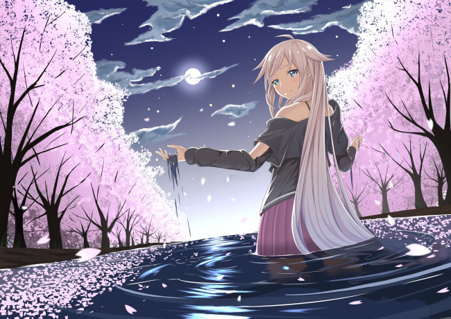 Обои картинки фото аниме, vocaloid, арт, небо, облака, сакура, озеро, tsuhiki, koyomi, ia, луна, ночь, девушка