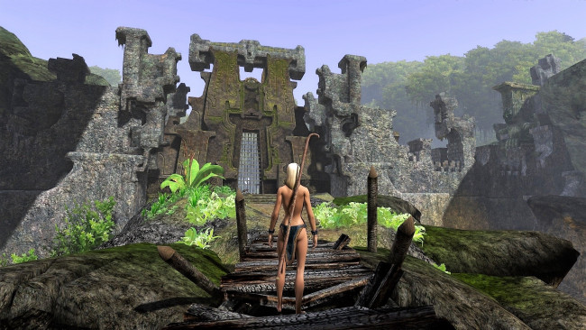Обои картинки фото видео игры, age of conan,  unchained, девушка, посох, развалины, замок