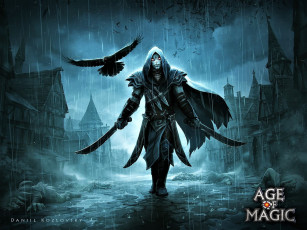 обоя видео игры, age of magic, воин, оружие, птица, дождь, город, улица