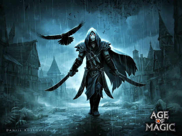 Обои картинки фото видео игры, age of magic, воин, оружие, птица, дождь, город, улица