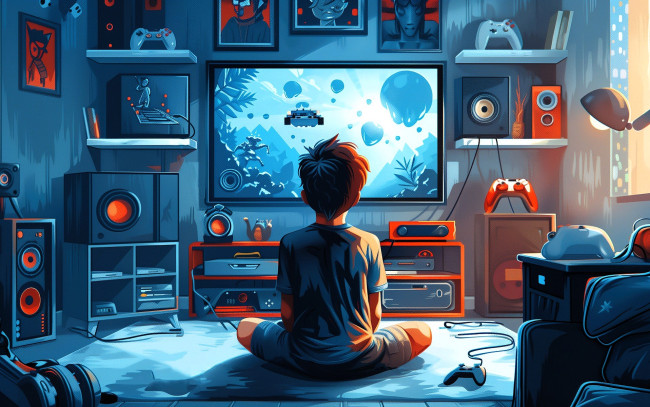 Обои картинки фото рисованное, дети, мальчик, комната, техника, игра