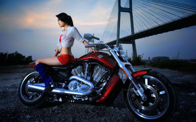 Обои картинки фото мотоциклы, мото, девушкой, азиатка