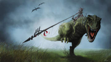 Картинка фэнтези драконы динозавр рэкс трава человек наездник верхом абориген птеродактиль движение бег копье