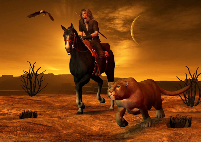 Обои картинки фото 3д, графика, fantasy, фантазия, луна, лошадь, птица, всадник