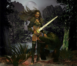 Картинка 3д+графика амазонки+ amazon луна скала девушка взгляд меч