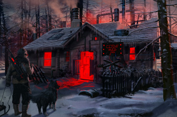 Картинка фэнтези люди зима дом собака лес охотник мир иной