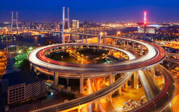 Картинка города шанхай+ китай город шанхай мост nanpu bridge ночь вечер огни выдержка