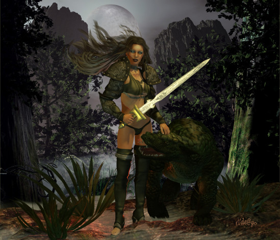 Обои картинки фото 3д графика, амазонки , amazon, луна, скала, девушка, взгляд, меч