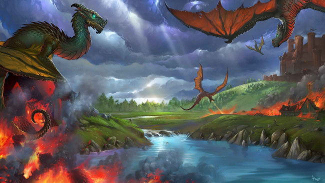Обои картинки фото рисованные, животные,  сказочные,  мифические, драконы, огонь, нападение, замок, река, вода