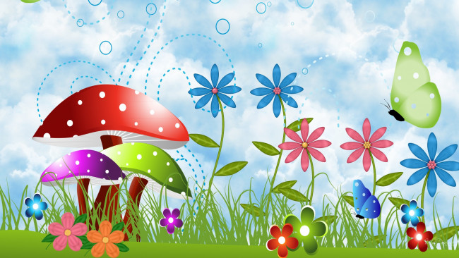 Обои картинки фото векторная графика, цветы, бабочки, грибы