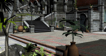 обоя 3д графика, реализм , realism, растение, дворик, лестница, замок