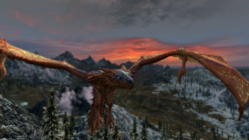 Картинка видео+игры the+elder+scrolls+v +skyrim дракон фон полет горы