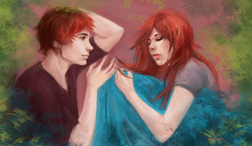 Картинка рисованное люди романтика рыжие парень смотрит девушка спит пара