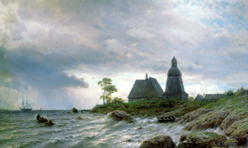 Картинка рисованное лев+лагорио люди дом камни парусник берег вода море волны лодки природа картина северный пейзаж