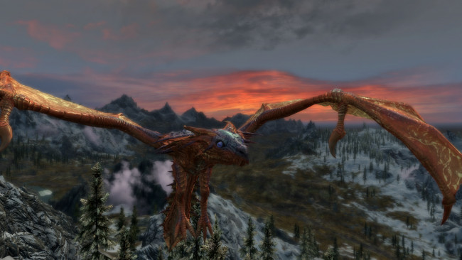 Обои картинки фото видео игры, the elder scrolls v,  skyrim, дракон, фон, полет, горы