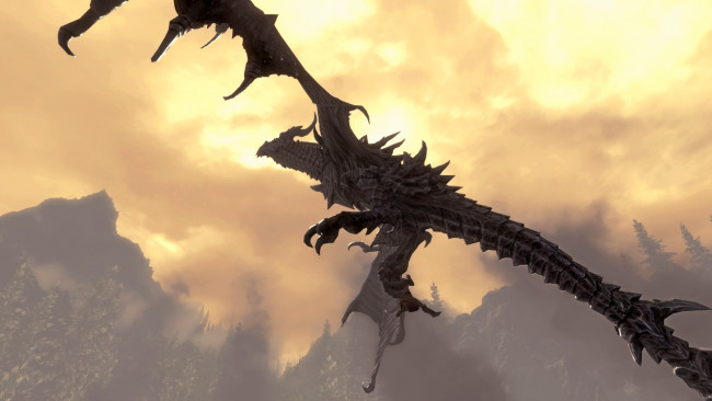 Обои картинки фото видео игры, the elder scrolls v,  skyrim, полет, фон, дракон