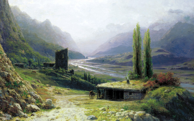 Обои картинки фото рисованное, живопись, пейзаж, река, горы