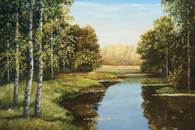 Обои картинки фото рисованное, николай сергеев, река, вода, лес, берёзы, берег, небо