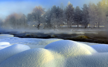 Картинка природа зима сугробы снег речка деревья