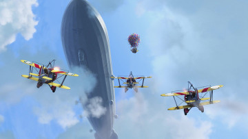 обоя мультфильмы, up, дирижабль, воздушный, шар, облака, биплан