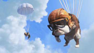 обоя мультфильмы, up, собака, очки, парашют, шлем, облака