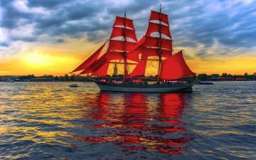 обоя с-петербург, корабли, парусники, водоем, красные, паруса, облака