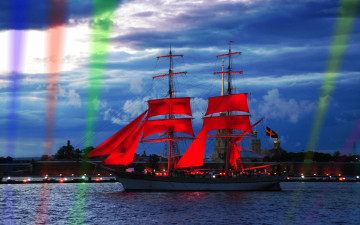 обоя с-петербург, корабли, парусники, водоем, освещение, красные, паруса