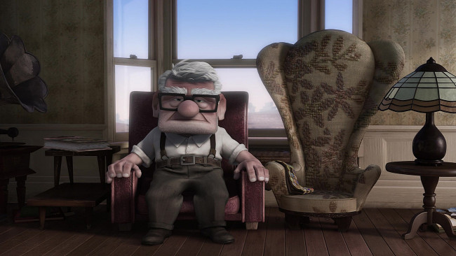 Обои картинки фото мультфильмы, up, дедушка, кресло, очки, лампа, окно, мужчина