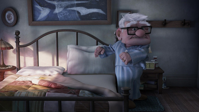 Обои картинки фото мультфильмы, up, дедушка, очки, картина, кровать, лампа, пижама