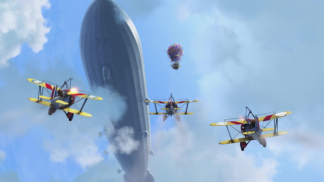 Обои картинки фото мультфильмы, up, дирижабль, воздушный, шар, облака, биплан