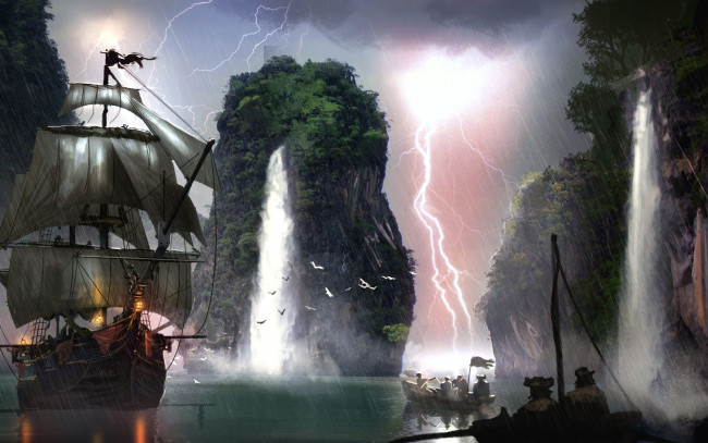 Обои картинки фото корабли, рисованные, парусник, лодка, люди, молния, скала, растения