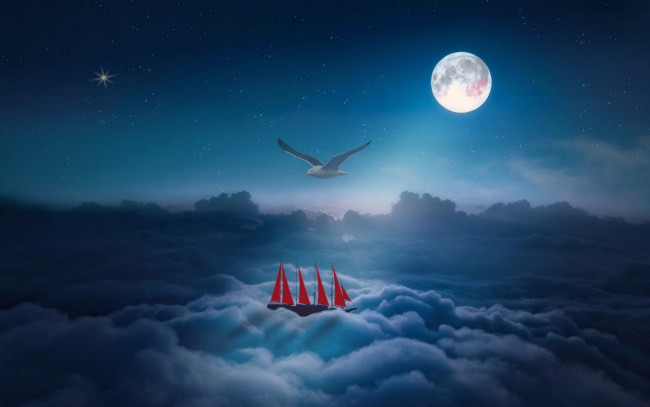 Обои картинки фото корабли, рисованные, парусник, облака, птица, луна, месяц