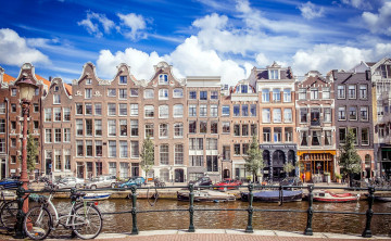 Картинка города амстердам+ нидерланды лодки канал