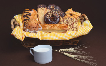 Картинка еда хлеб +выпечка молоко корзинка выпечки пончик сдоба