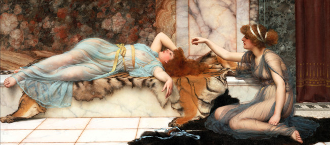 Обои картинки фото озорница и спящая, рисованное, john william godward, женщины, шкура, мрамор