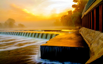 Картинка river flow at sunset природа водопады река дамба утро водопад