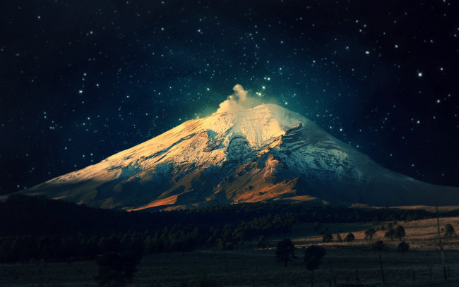 Обои картинки фото volcanic, eruption, природа, стихия, снега, вулкан, звезды, небо, леса, равнина