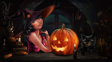 Картинка фэнтези девушки тыква черный кот девушка арт праздник halloween хэллоуин witch