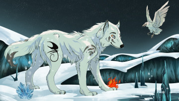 обоя рисованное, животные,  сказочные,  мифические, огонь, ворона, волк, снег, природа