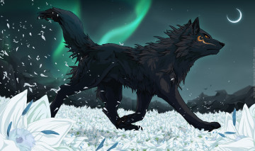 Картинка рисованное животные +волки северное сияние цветы лепестки волк фон луна