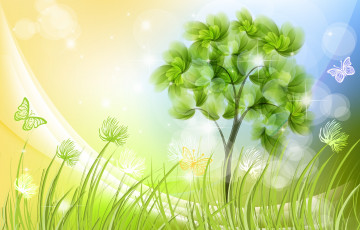 Картинка векторная+графика природа+ nature дерево рисунок трава бабочки